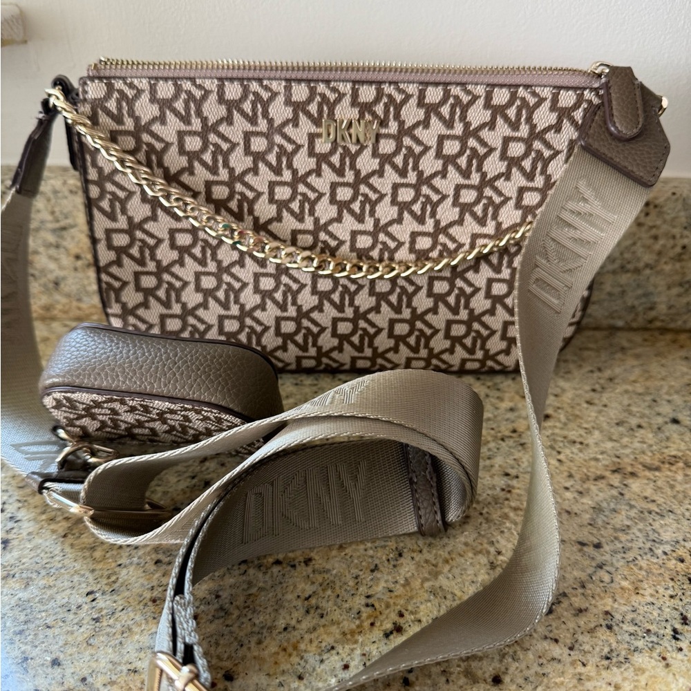 DKNY Gold and Brown Crossbody Bag with Monogram Design